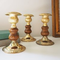 Set of three vintage candlestick holders | Gold plated candle holders | Vintage gold and wood candle holders | Made in England