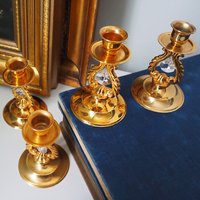Set of four vintage candlestick holders | Gold plated crystal candlestick holders | Small gold plated candlestick holders | Turun Kristalli