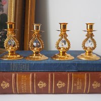 Set of four vintage candlestick holders | Gold plated crystal candlestick holders | Small gold plated candlestick holders | Turun Kristalli