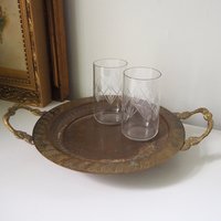 Vintage brass tray | Small brass tray with handles | Etched brass tray | Footed brass tray | Brass serving tray