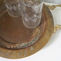 Vintage brass tray | Small brass tray with handles | Etched brass tray | Footed brass tray | Brass serving tray