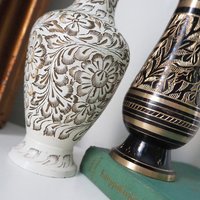 Vintage brass vases | Set of two small vases | Black and white brass vase | Etched brass vases | Vintage vases
