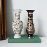 Vintage brass vases | Set of two small vases | Black and white brass vase | Etched brass vases | Vintage vases