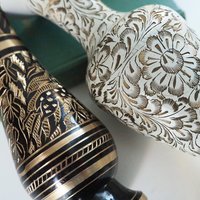 Vintage brass vases | Set of two small vases | Black and white brass vase | Etched brass vases | Vintage vases