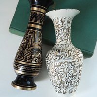 Vintage brass vases | Set of two small vases | Black and white brass vase | Etched brass vases | Vintage vases