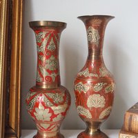 Vintage brass vase | Large enamelled brass vase | Vintage brass vases | Tall brass vase | Vintage vase | Brass and red vase