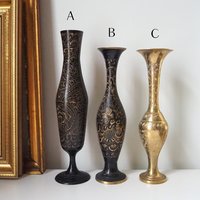 Vintage brass vase | Etched brass vases | Vintage bud vase | Vintage single flower vases | Black and brass vases