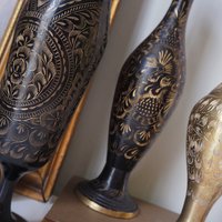 Vintage brass vase | Etched brass vases | Vintage bud vase | Vintage single flower vases | Black and brass vases