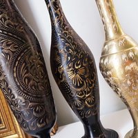 Vintage brass vase | Etched brass vases | Vintage bud vase | Vintage single flower vases | Black and brass vases