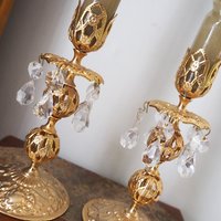 Vintage candlestick holder pair | Gold plated crystal candlestick holders | Ornate candlestick holders | Crystal candlestick holders