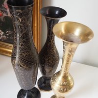 Vintage brass vase | Etched brass vases | Vintage bud vase | Vintage single flower vases | Black and brass vases