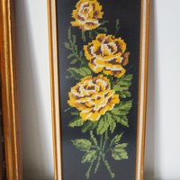 vintage needlepoint wall art with yellow roses