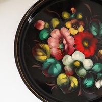Vintage floral metal tray | Handpainted floral tray | Vintage floral tray | Vintage Zhostovo tray | Round floral metal tray