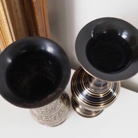 Set of two vintage vases | Brass vases | Mismatched vintage vases | Etched brass and black vases | Vintage brass vase set