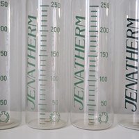 Set of four vintage glass bottles | Vintage Jenatherm laboratory bottles | Vintage apothecary bottles | Vintage glass vases