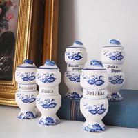 Set of five vintage ceramic spice jars | Blue Onion spice jars | Vintage ceramic spice jars | Blue and white spice jars | Made in Japan