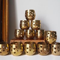 Set of twelve vintage tealight candle holders | Heart tealight candleholders | Vintage brass votive candleholders | Brass tealight holders