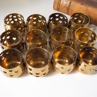 Set of twelve vintage tealight candle holders | Heart tealight candleholders | Vintage brass votive candleholders | Brass tealight holders