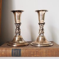 Set of two vintage candlesticks | Silver plated candle holders | Bulldog candlesticks | Vintage candle holders | Dog home decor