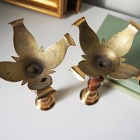 Pair of vintage candlestick holders | Brass and wood candlesticks | Vintage brass and wood candlestick holders