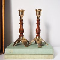 Pair of vintage candlestick holders | Brass and wood candlesticks | Vintage brass and wood candlestick holders