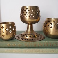 Set of three vintage tealight candle holders | Brass tealight candleholders | Vintage brass votive candleholders | Mismatched candle holders