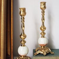 Set of two vintage candlestick holders | Gold and onyx marble candle holders | Tall candlestick holders | Matching candle holders