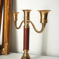 Vintage brass candelabra | Brass and wood candelabra | Three arm brass candlestick holder | Three arm candelabrum
