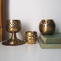 Set of three vintage tealight candle holders | Brass tealight candleholders | Vintage brass votive candleholders | Mismatched candle holders