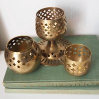 Set of three vintage tealight candle holders | Brass tealight candleholders | Vintage brass votive candleholders | Mismatched candle holders