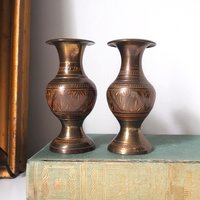 Set of two small vintage vases | Small brass vases | Vintage bud vase | Vintage single flower vases | Etched brass vases