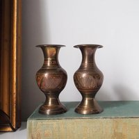 Set of two small vintage vases | Small brass vases | Vintage bud vase | Vintage single flower vases | Etched brass vases