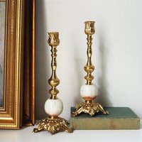 Set of two vintage candlestick holders | Gold and onyx marble candle holders | Tall candlestick holders | Matching candle holders