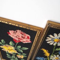 Set of two vintage framed needlepoint florals | Framed needlepoint wall art | Mismatched floral needlepoint wall art | Vintage needlepoint