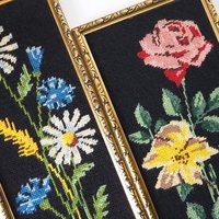 Set of two vintage framed needlepoint florals | Framed needlepoint wall art | Mismatched floral needlepoint wall art | Vintage needlepoint