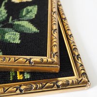 Set of two vintage framed needlepoint florals | Framed needlepoint wall art | Mismatched floral needlepoint wall art | Vintage needlepoint