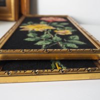 Set of two vintage framed needlepoint florals | Framed needlepoint wall art | Mismatched floral needlepoint wall art | Vintage needlepoint