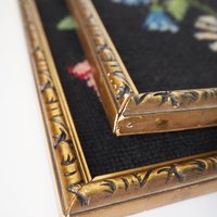 Set of two vintage framed needlepoint florals | Framed needlepoint wall art | Mismatched floral needlepoint wall art | Vintage needlepoint