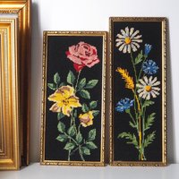 Set of two vintage framed needlepoint florals | Framed needlepoint wall art | Mismatched floral needlepoint wall art | Vintage needlepoint