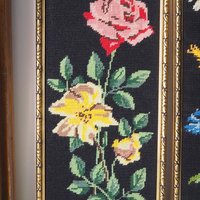 Set of two vintage framed needlepoint florals | Framed needlepoint wall art | Mismatched floral needlepoint wall art | Vintage needlepoint