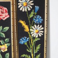 Set of two vintage framed needlepoint florals | Framed needlepoint wall art | Mismatched floral needlepoint wall art | Vintage needlepoint
