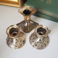 Set of three vintage candlestick holders | Silver tone candlestick holders | Mismatched candlestick holders