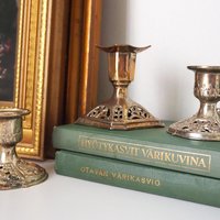 Set of three vintage candlestick holders | Silver tone candlestick holders | Mismatched candlestick holders