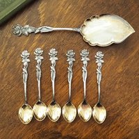 Set of six vintage teaspoons and a cake server | Vintage alpacca silver teaspoons | Vintage teaspoons | Rose teaspoon set and a cake server