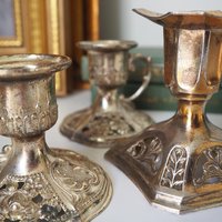Set of three vintage candlestick holders | Silver tone candlestick holders | Mismatched candlestick holders