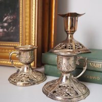 Set of three vintage candlestick holders | Silver tone candlestick holders | Mismatched candlestick holders