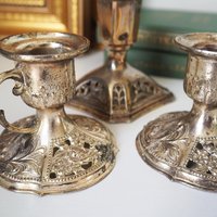 Set of three vintage candlestick holders | Silver tone candlestick holders | Mismatched candlestick holders