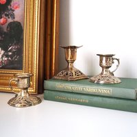 Set of three vintage candlestick holders | Silver tone candlestick holders | Mismatched candlestick holders
