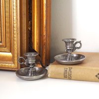 Set of two vintage candlestick holders | Tiny pewter candlestick holders | Small chamber style candle holders | Pewter candle holders