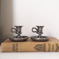 Set of two vintage candlestick holders | Tiny pewter candlestick holders | Small chamber style candle holders | Pewter candle holders